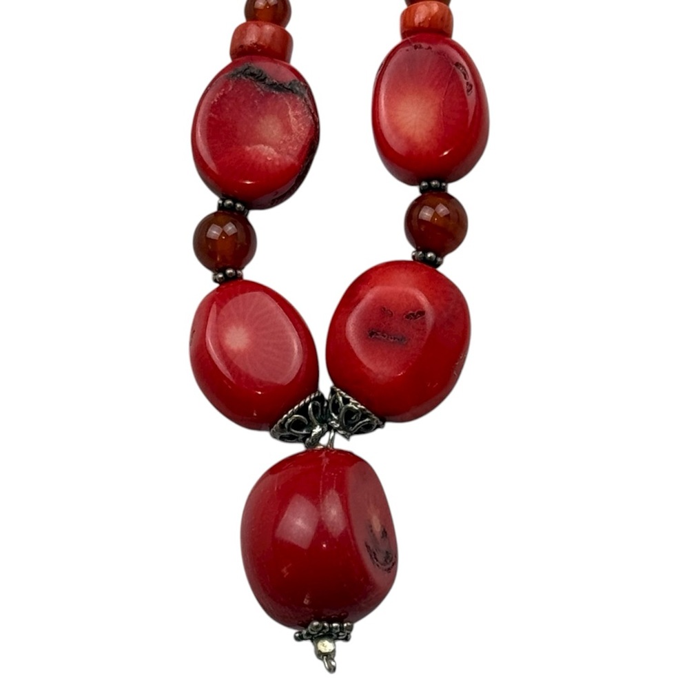 Red Beaded Statement Necklace Silver Accents 18” … - image 5